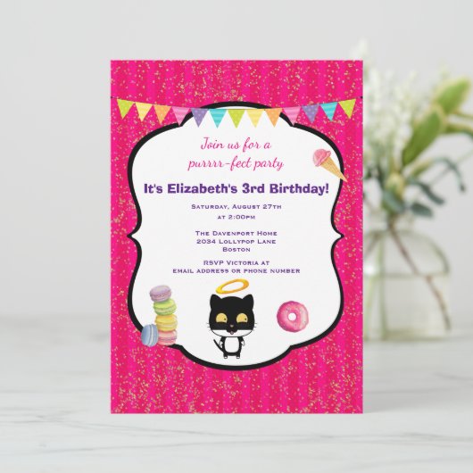 Kitty Cat en Ice Cream verjaardagsfeestje uitnodig Kaart (Staand voorkant)