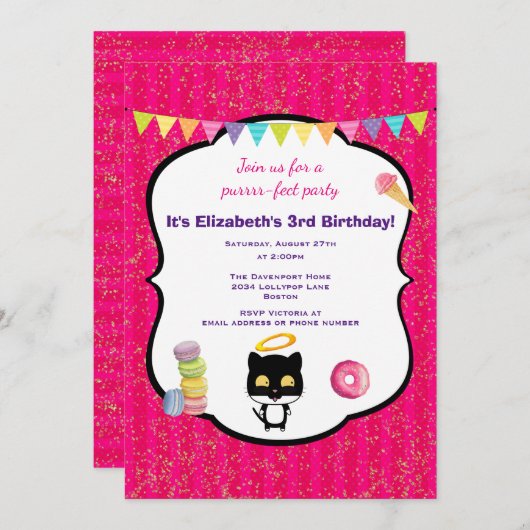 Kitty Cat en Ice Cream verjaardagsfeestje uitnodig Kaart (Voorkant / Achterkant)
