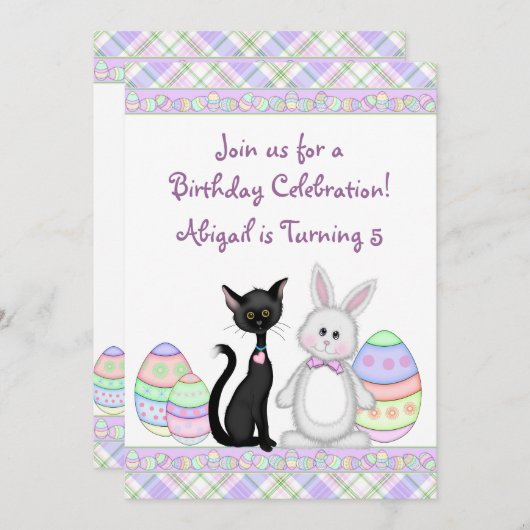 Kitty Cat en Paashaas Verjaardag Uitnodiging (Voorkant / Achterkant)