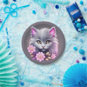 Kitty Cat en  roze bloemen Papieren Bordje (Feest)