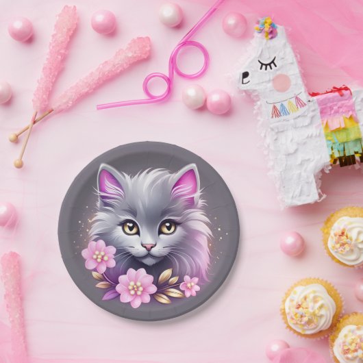 Kitty Cat en  roze bloemen Papieren Bordje (Feest)