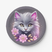 Kitty Cat en  roze bloemen Papieren Bordje (Voorkant)