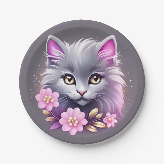 Kitty Cat en roze bloemen Papieren Bordje (Voorkant)