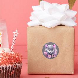 Kitty Cat en  roze bloemen Ronde Sticker