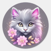 Kitty Cat en roze bloemen Ronde Sticker (Voorkant)
