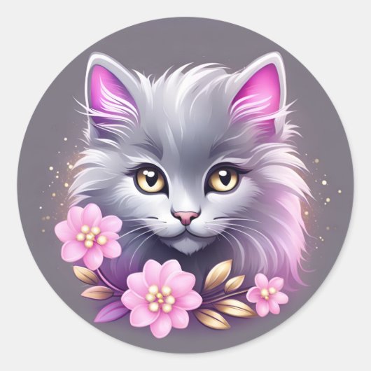 Kitty Cat en  roze bloemen Ronde Sticker (Voorkant)