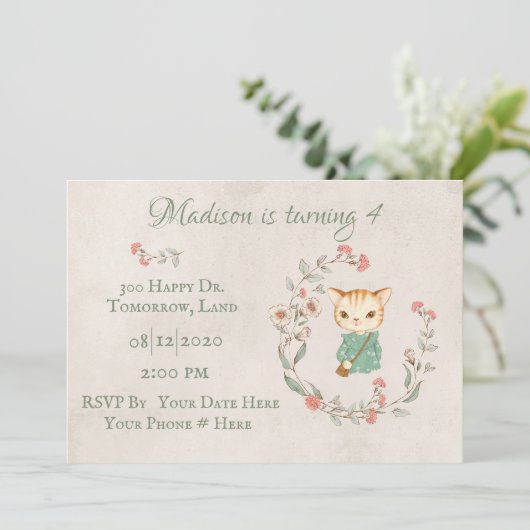 Kitty Cat Floral Girly Kitten Birthday Party Kaart (Staand voorkant)