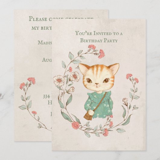 Kitty Cat Floral Girly Kitten Birthday Party Kaart (Voorkant / Achterkant)