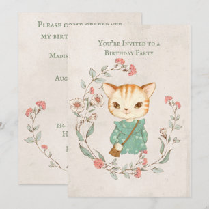 Kitty Cat Floral Girly Kitten Birthday Party Kaart
