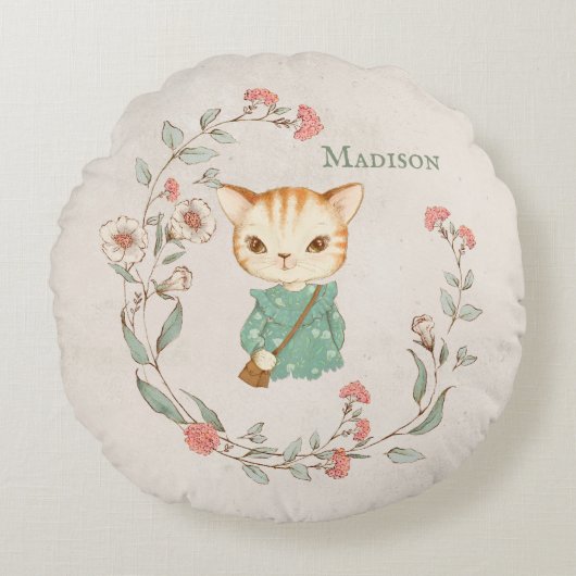 Kitty Cat Floral Persoonlijke naam Girly Kitten Rond Kussen (Voorkant)