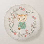 Kitty Cat Floral Persoonlijke naam Girly Kitten Rond Kussen (Achterkant)