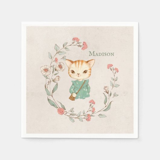 Kitty Cat Floral Persoonlijke naam Girly Kitten Servet (Voorkant)