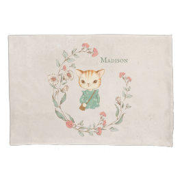 Kitty Cat Floral Persoonlijke naam Meisjes Beddego Kussensloop