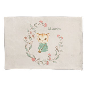 Kitty Cat Floral Persoonlijke naam Meisjes Beddego Kussensloop