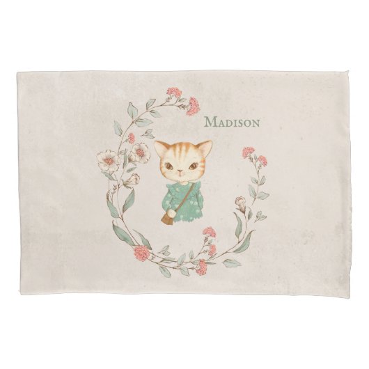 Kitty Cat Floral Persoonlijke naam Meisjes Beddego Kussensloop (Voorkant)