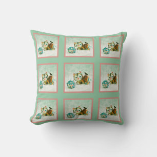 Kitty Cat in Mint Green en Pink Plaid Kussen