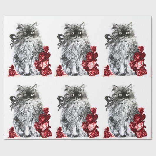 KITTY CAT/KITTEN MET RED ROSES Black White Cadeaupapier (Vlak)