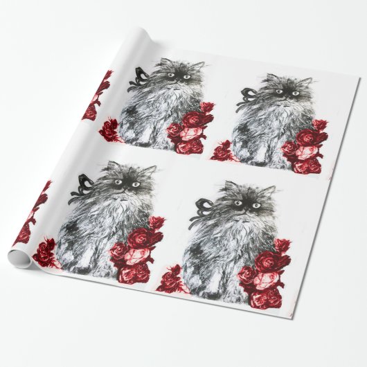 KITTY CAT/KITTEN MET RED ROSES Black White Cadeaupapier (Uitgerold)