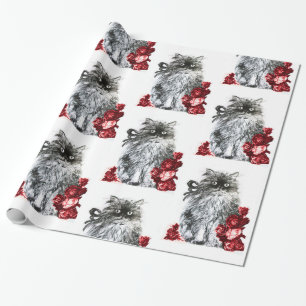 KITTY CAT/KITTEN MET RED ROSES Black White Cadeaupapier