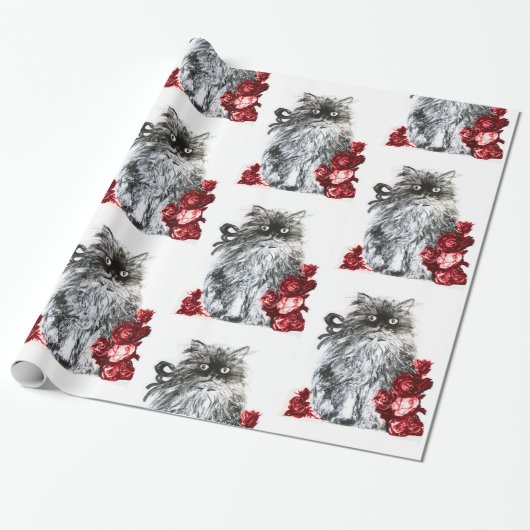 KITTY CAT/KITTEN MET RED ROSES Black White Cadeaupapier (Uitgerold)