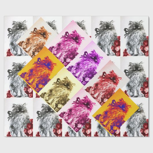 KITTY CAT/KITTEN MET RODE ROSEN CADEAUPAPIER (Vlak)