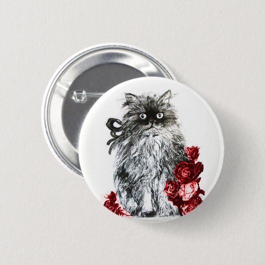 KITTY CAT, KITTEN MET RODE ROSEN RONDE BUTTON 5,7 CM (Voorkant /achterkant)