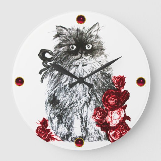 KITTY CAT, KITTEN MET RODE ROSEN, zwart-wit Grote Klok (Voorkant)