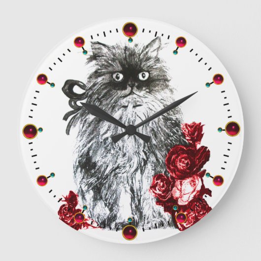 KITTY CAT, KITTEN MET RODE ROSEN, zwart-wit Grote Klok (Voorkant)