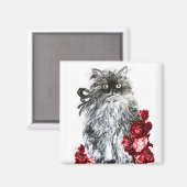 KITTY CAT, KITTEN MET RODE ROSES Black White Magneet (Voorkant / Achterkant)