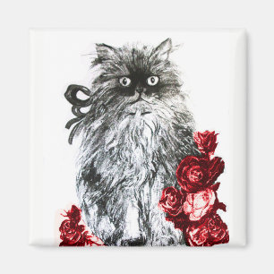 KITTY CAT, KITTEN MET RODE ROSES Black White Magneet