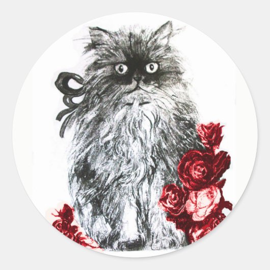 KITTY CAT, KITTEN MET RODE ROSES Black White Ronde Sticker (Voorkant)