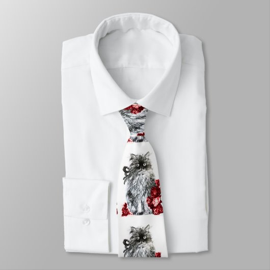 KITTY CAT, KITTEN MET RODE ROSES Black White Stropdas (Gebonden)