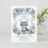 Kitty Cat Kitten Pastel Blue Boy Baby shower Invit Kaart (Staand voorkant)