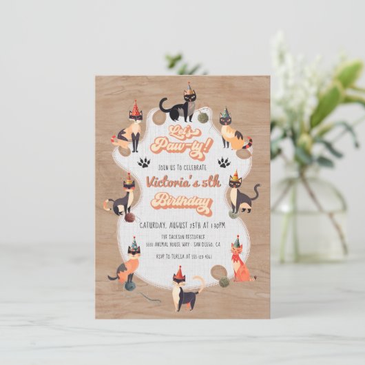 Kitty Cat Laten we Paw-ty Verjaardag Kaart (Staand voorkant)