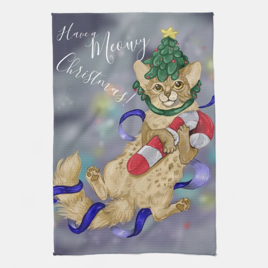 Kitty Cat Meowy Kerstmis! Theedoek (Verticaal)