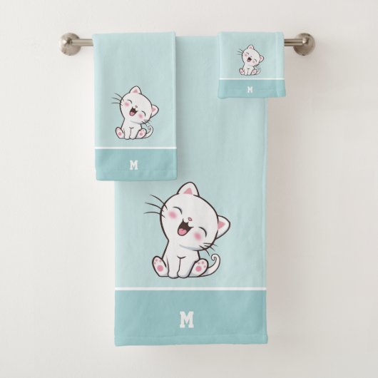 Kitty Cat & Monogram op Lichtblauwe Badhanddoekens Bad Handdoek (Insitu)