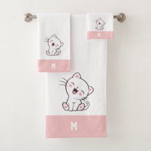 Kitty Cat & Monogram op Roze & Witte Handdoeken Se