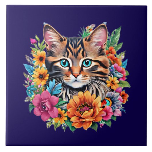 Kitty Cat op marineblauw Tegeltje (Voorkant)