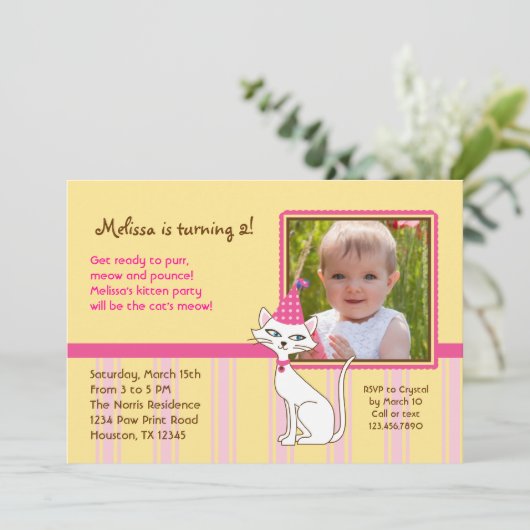 Kitty Cat Photo Birthday Party Invitation Kaart (Staand voorkant)
