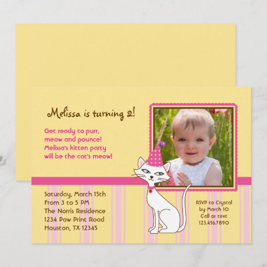Kitty Cat Photo Birthday Party Invitation Kaart (Voorkant / Achterkant)