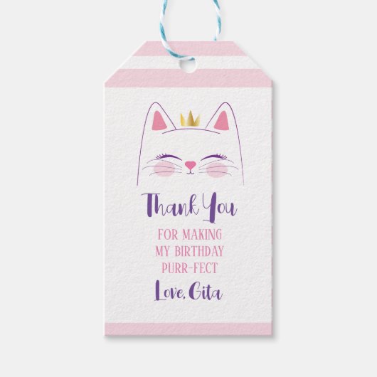Kitty Cat Pink and Gold Birthday Party Cadeaulabel (Voorkant)