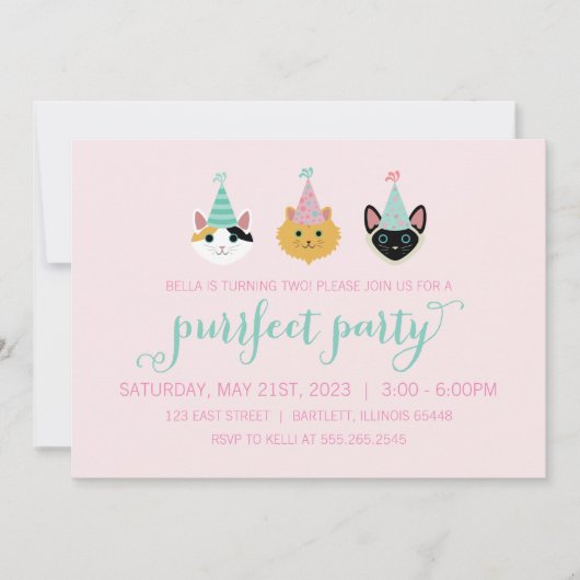 Kitty Cat Pink en Green Birthday Party, Kitten Kaart (Voorkant)