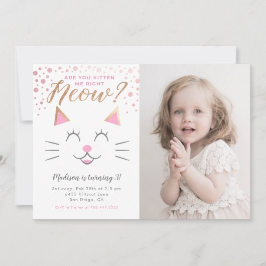Kitty Cat Pink Gold Birthday Foto Kaart (Voorkant)