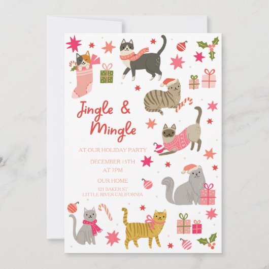 Kitty Cat Pink Kerstfeest Uitnodiging (Voorkant)