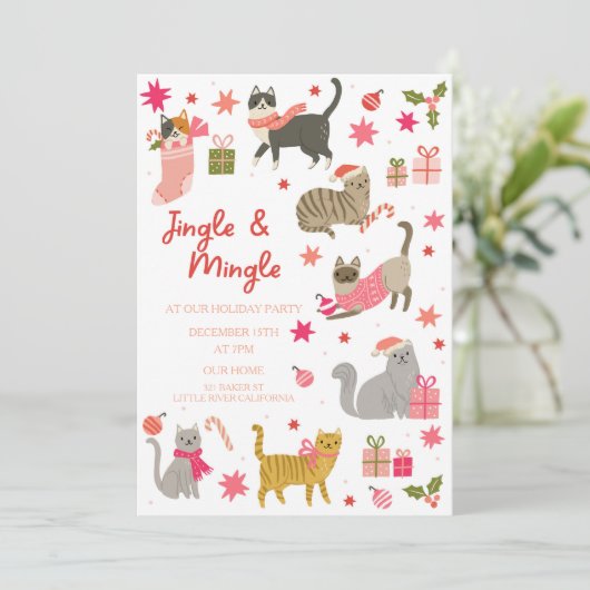 Kitty Cat Pink Kerstfeest Uitnodiging (Staand voorkant)