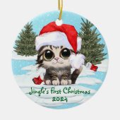 Kitty Cat Santa Hat, ! Schattige kat Keramisch Ornament (Voorkant)