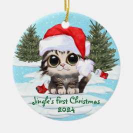 Kitty Cat Santa Hat, ! Schattige kat Keramisch Ornament