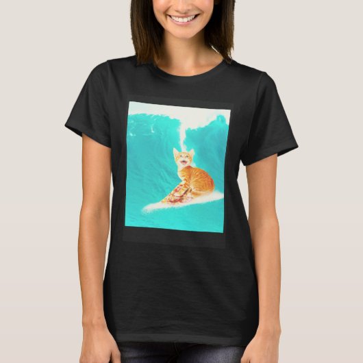 Kitty Cat Surfing Pizza T-shirt (Voorkant)