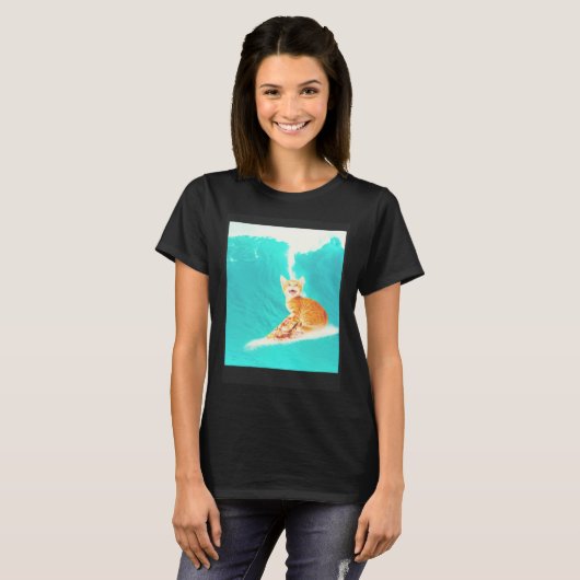 Kitty Cat Surfing Pizza T-shirt (Voorkant volledig)