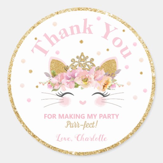 Kitty Cat Verjaardag Dank u Sticker Favors Labels (Voorkant)